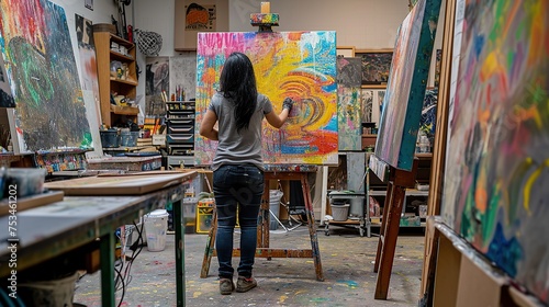 Woman Artist Works on Abstract acrylic painting in the art studio.