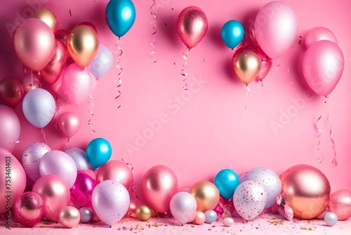 Festive Celebration Background with Helium Balloons, pink background copy space