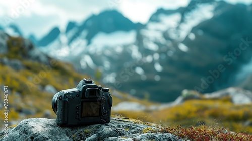 World photography day camera with mountain landscape background. © Naknakhone