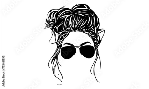 Hand drawn girl with messy hairstyle eye glasses icon