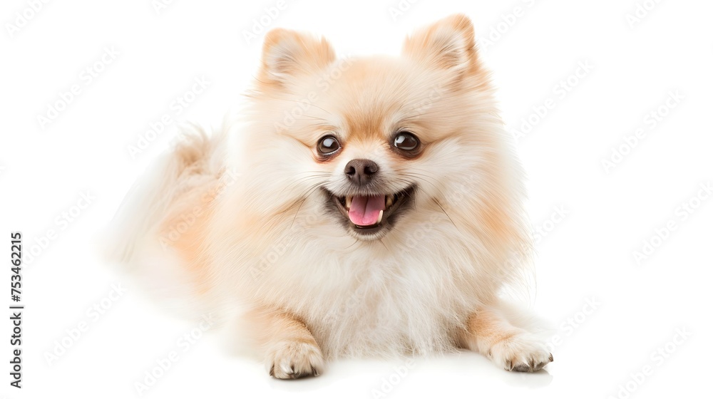 Little purebred dog, cream color pomeranian Spitz dog isoltaed over white studio background. Pet look happy, groomed and calm. Care, fashion, animal and ad