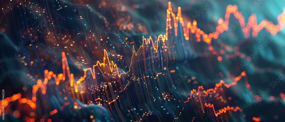 A dynamic 3D graph showing real time stock market fluctuations with peaks and troughs embodying the volatility and excitement of trading - obrazy, fototapety, plakaty 