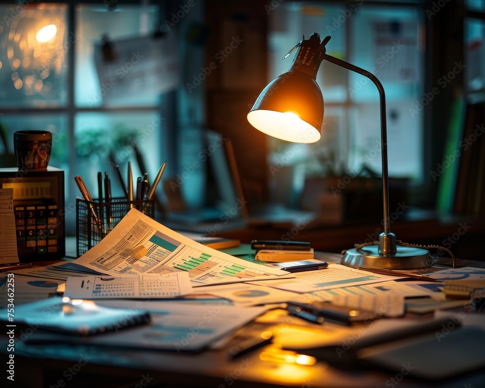 A financial planners desk strewn with reports and graphs as they strategize retirement plans under the glow of a desk lamp - obrazy, fototapety, plakaty 