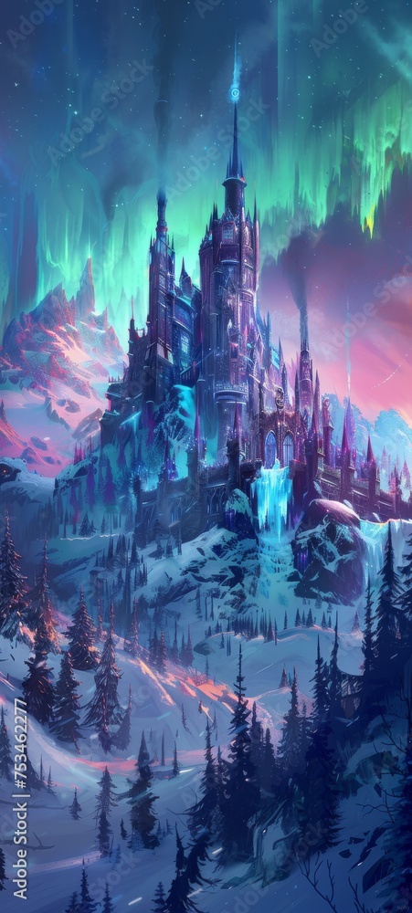A frost covered castle at the edge of an ice bound forest with auroras dancing overhead and mythical wolves prowling