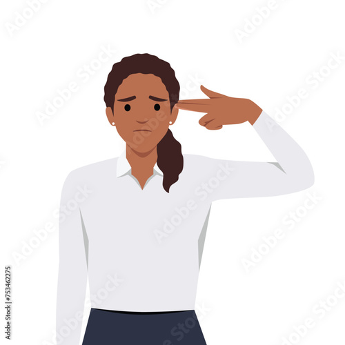 Frustrated woman puts fingers to temple imitating gun to commit suicide. Flat vector illustration isolated on white background