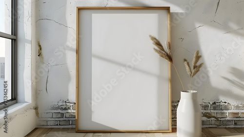 close up blank wooden frame, modern interior, natural light,