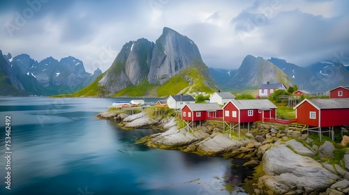Lofoten islands landscape with tipical red houses, Norway photo