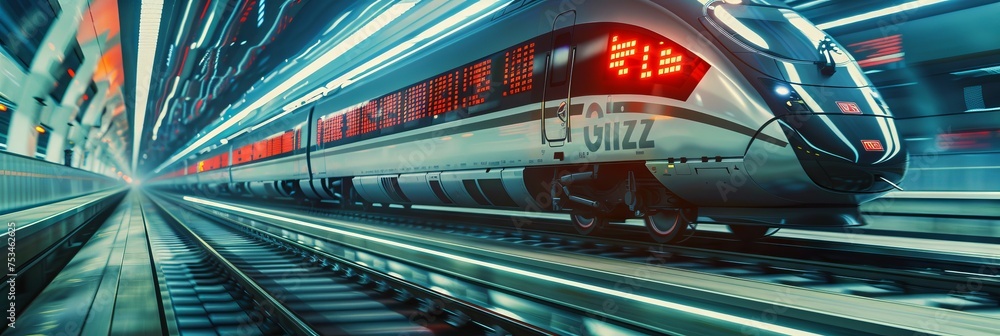 A sleek high speed train adorned with digital tickers displaying live market updates representing fast paced financial information dissemination - obrazy, fototapety, plakaty 