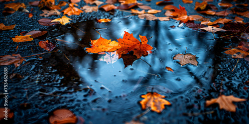 Autumn Leaves background at rainy day on blue surface with water Maple leaf in puddles of rain on the street in autumn photo