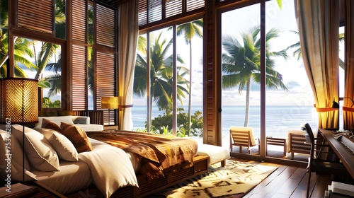 Luxury interior hotel room in the tropical country with sea view photo