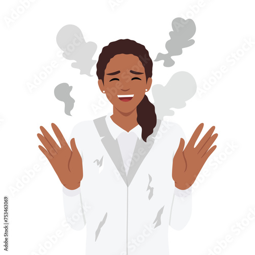 Woman mad scientist with tousled hair after failed experiment with chemical reagents. Flat vector illustration isolated on white background
