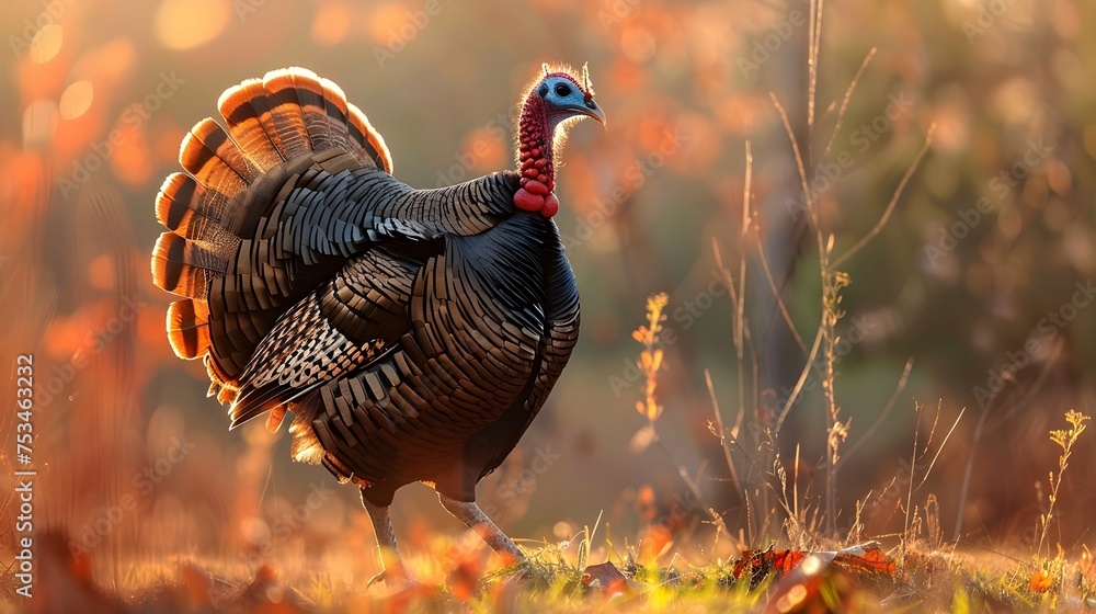 Male wild turkey strutting. sunset. Wildlife - obrazy, fototapety, plakaty 