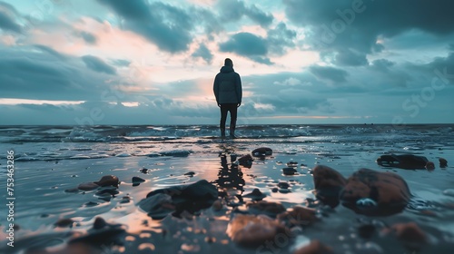 Man stands on the surface of water at fall of tide and and watch