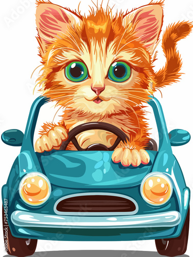 Cartoon kitten driving a car