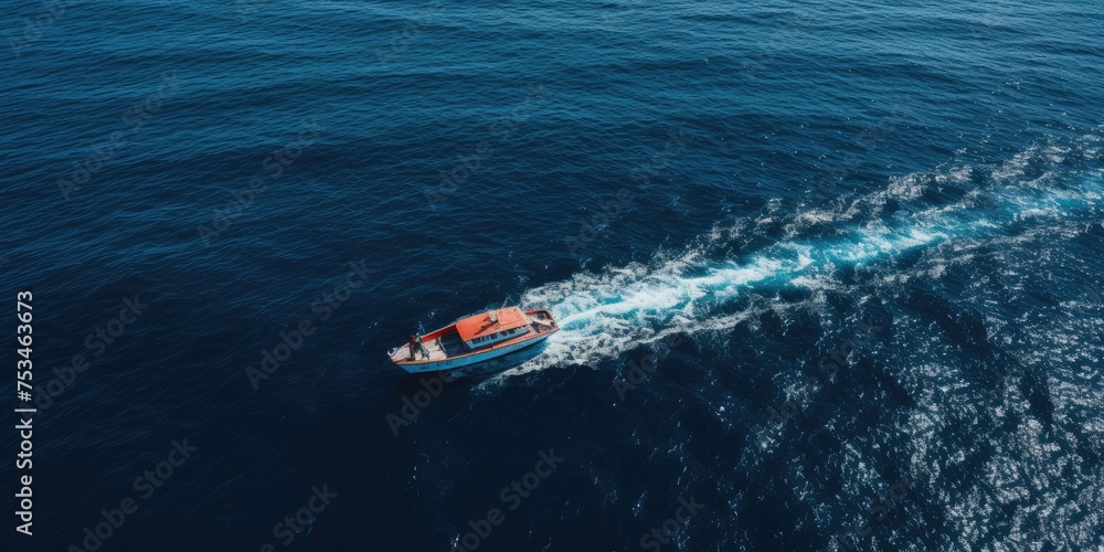 Fototapeta premium High above, a drone captures the allure of a luxury yacht nestled in the secluded bay of a tropical oasis, where the vivid turquoise hues of the sea create a breathtaking spectacle