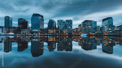 Modern buildings in Oslo with their reflection into the water