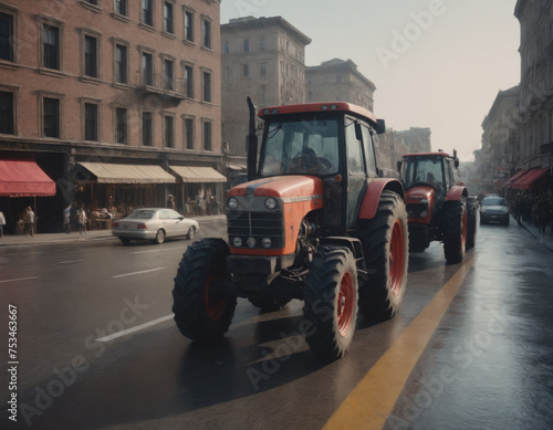 Red Tractors on Urban Street in Hazy Light
