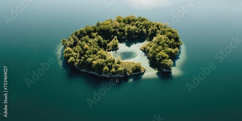 A solitary island sits serenely amidst the crystal-clear waters of the lake or ocean, a tranquil oasis of natural beauty.