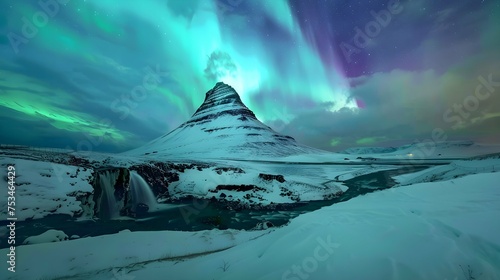 northern lights appear over Mount Kirkjufell in Iceland photo
