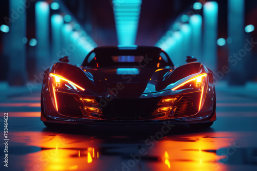 Sleek black sports car with distinctive headlights driving down a futuristic illuminated tunnel © KirKam