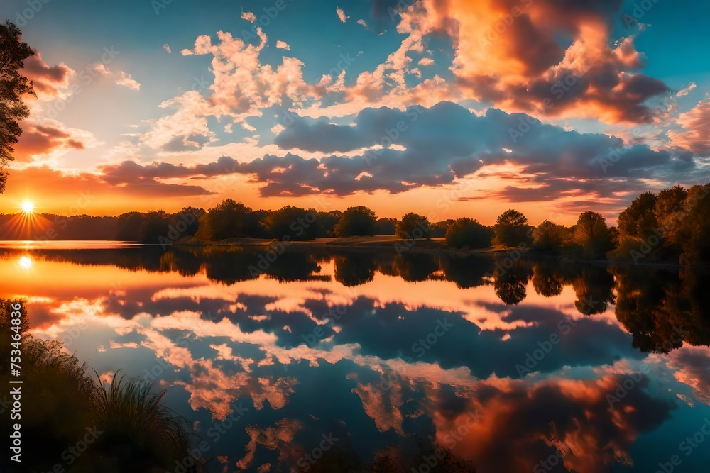 Colorful sunrise and clouds reflection over lake