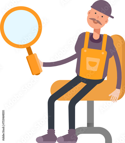 Service Man Character Sitting and Holding Magnifier 