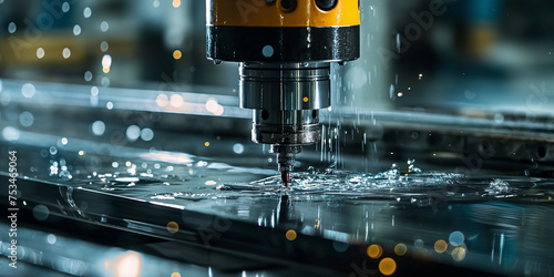 A detailed view of a CNC milling machine in action, precision cutting through a sheet of glass with metalwork set up process visible.
