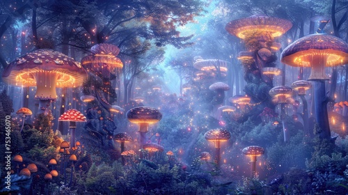 Amazing digital painting concept of a fantasy forest with towering mushrooms lit by inner light. Amidst the pure mist landscape © Keat