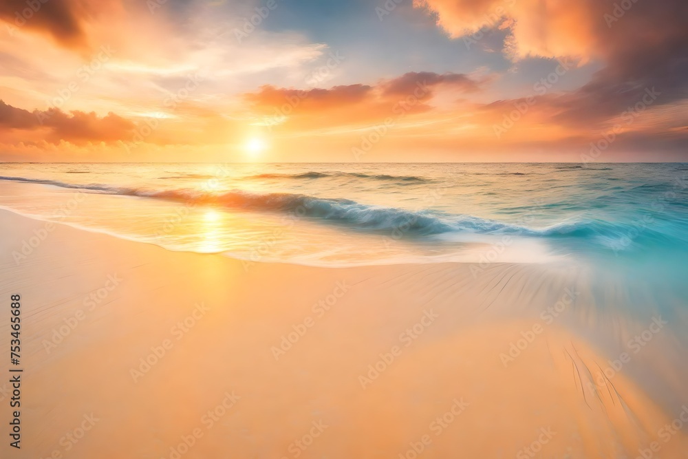 Copy space of soft sand sea and blur tropical beach with sunset sky and cloud abstract background.