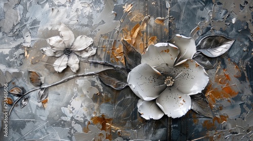 Modern painting concept with metallic elements Texture background and flowers © Keat