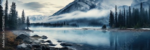 Scenic Mountain Lake in Banff National Park, Alberta, Canada. Nature Landscape with Foggy