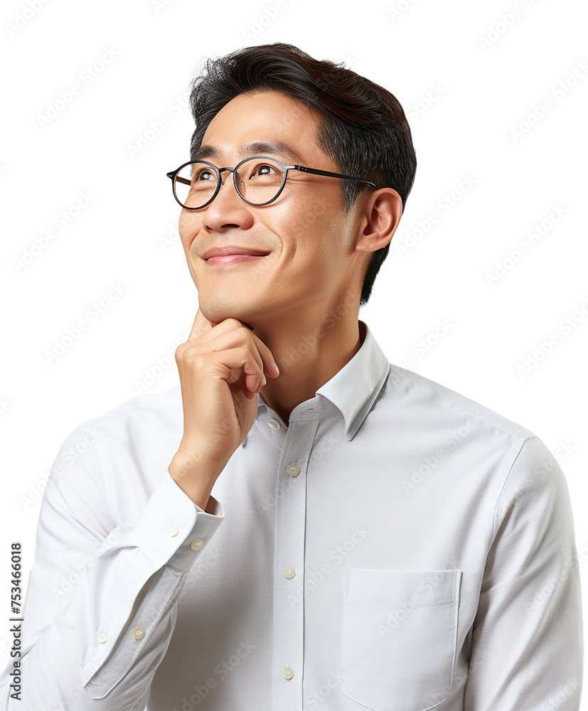 Portrait of middle aged asian person hand on chin, interesting look, empty space Portrait of middle aged asian person hand on chin, interesting look, empty space