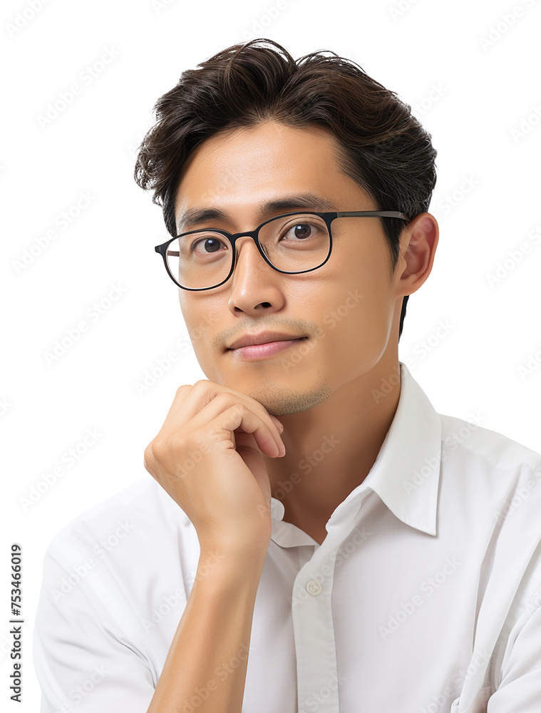 Portrait of smart minded person, hand on chin, interesting look, empty space Portrait of smart minded person, hand on chin, interesting look, empty space