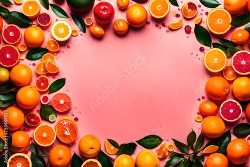 Fresh citrus frame. Oranges, tangerines, grapefruits, leaves on pink background top-down copy space with drops of water