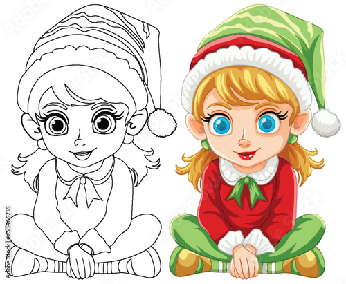 Vector illustration of an elf girl, colored and line art.