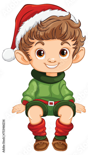 Cartoon elf boy smiling in Christmas costume.