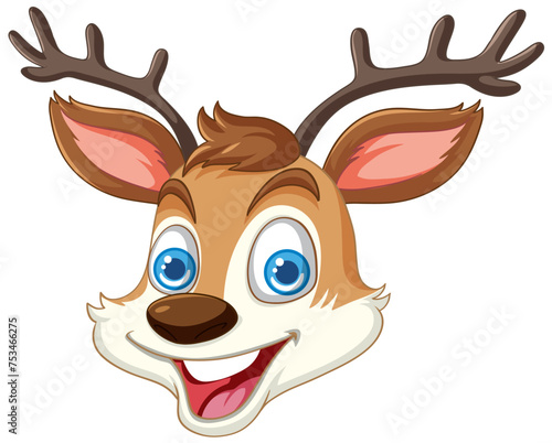 A happy deer with big blue eyes smiling.