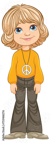 Cartoon girl with peace sign necklace smiling.