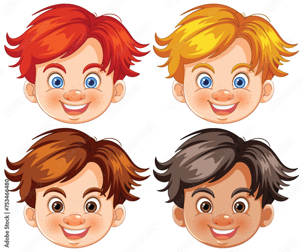 Four cartoon boys smiling with different hairstyles Four cartoon boys smiling with different hairstyles