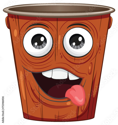 A cheerful wooden bucket character with a playful tongue