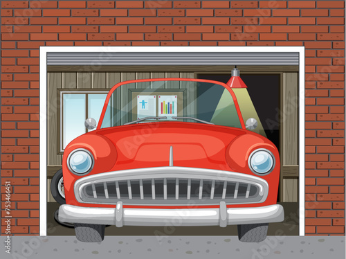 Vintage red car inside a brick-walled garage