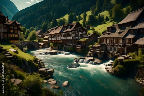 Swiss landscape with river stream and houses © Eun Woo Ai