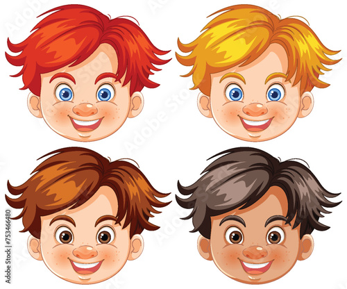 Four cartoon boys smiling with different hairstyles