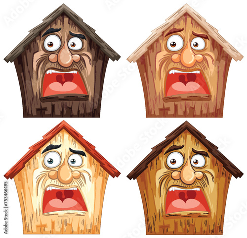 Four wooden houses with various facial expressions.