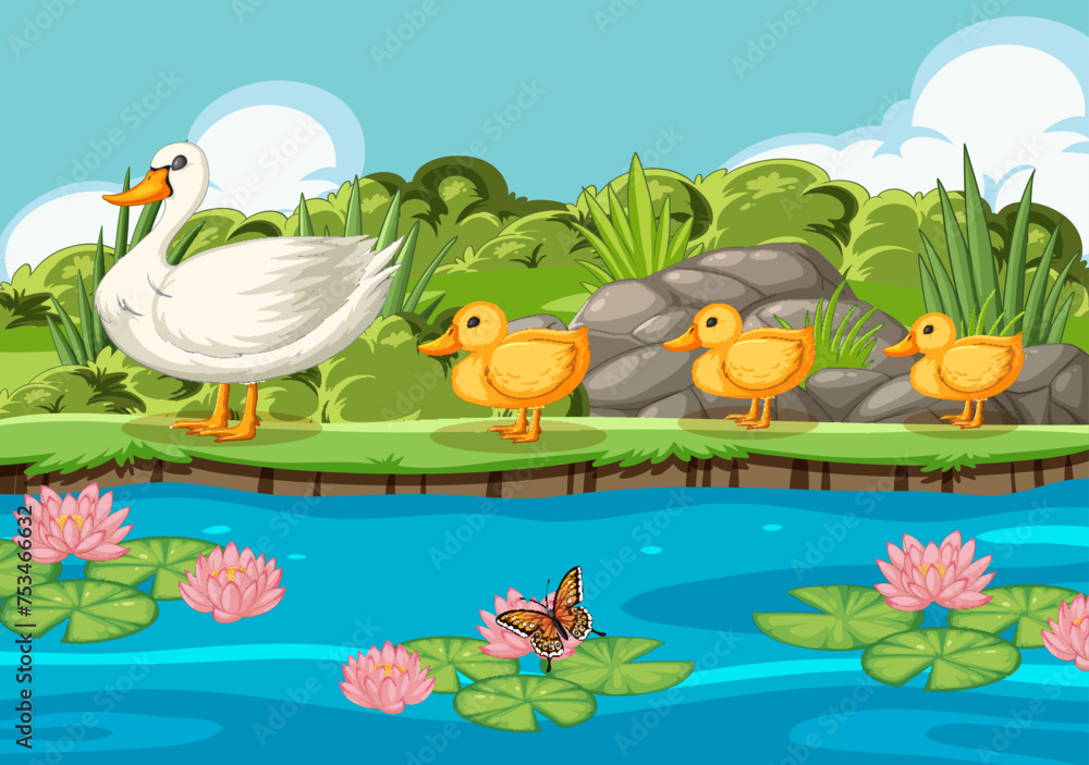 Mother duck with ducklings by a pond with lily pads