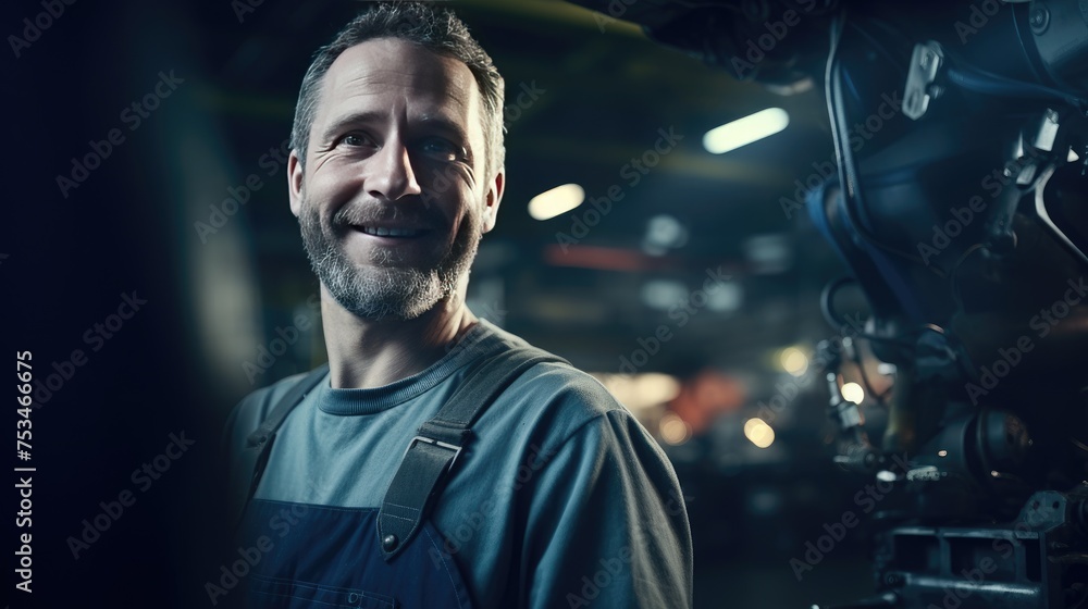 A man mechanic specialist on the background of the workshop, garage. Smiling master in the factory shop among machines and repair equipment.