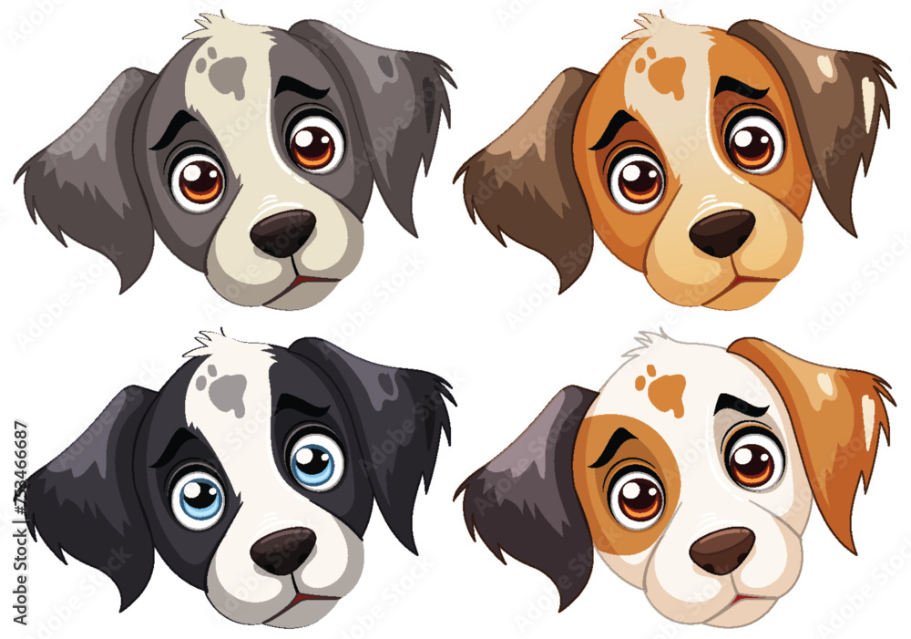 Four cute vector illustrated puppy expressions.