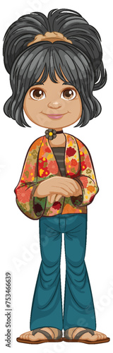 Cartoon of a girl with bohemian fashion style.