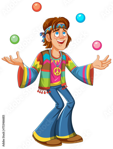 Cartoon hippie juggling balls with a joyful expression.