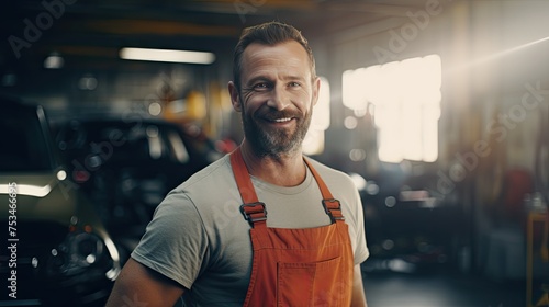 A man mechanic specialist on the background of the workshop, garage. Smiling master in the factory shop among machines and repair equipment. photo
